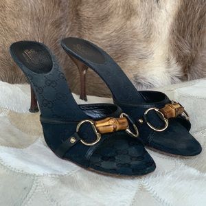 GUCCI peep toe kitten heels, bamboo embellishment